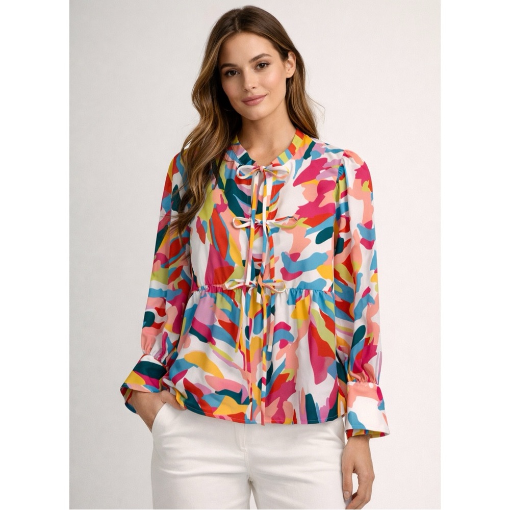 CROSBY By Mollie Burch Renny Abstract Bows Puff Sleeve Peplum Blouse \\ S